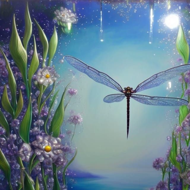 Giant Dragonfly Oasis in Dystopian Oil Painting