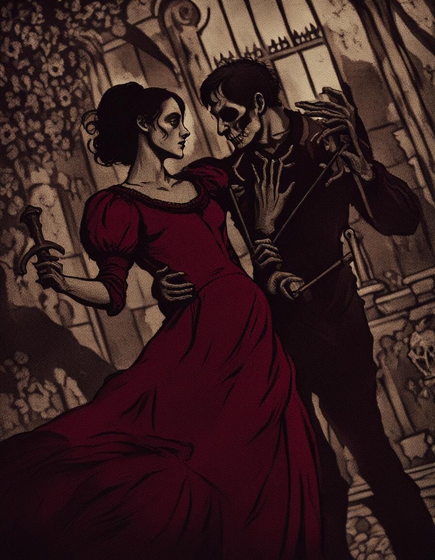 Macabre Medieval Couple Dancing in Film Noir Style
