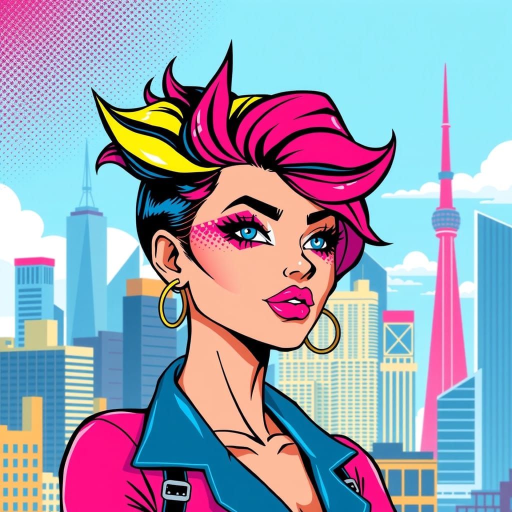 Pop Art Woman in Ultra-Flat Cityscape