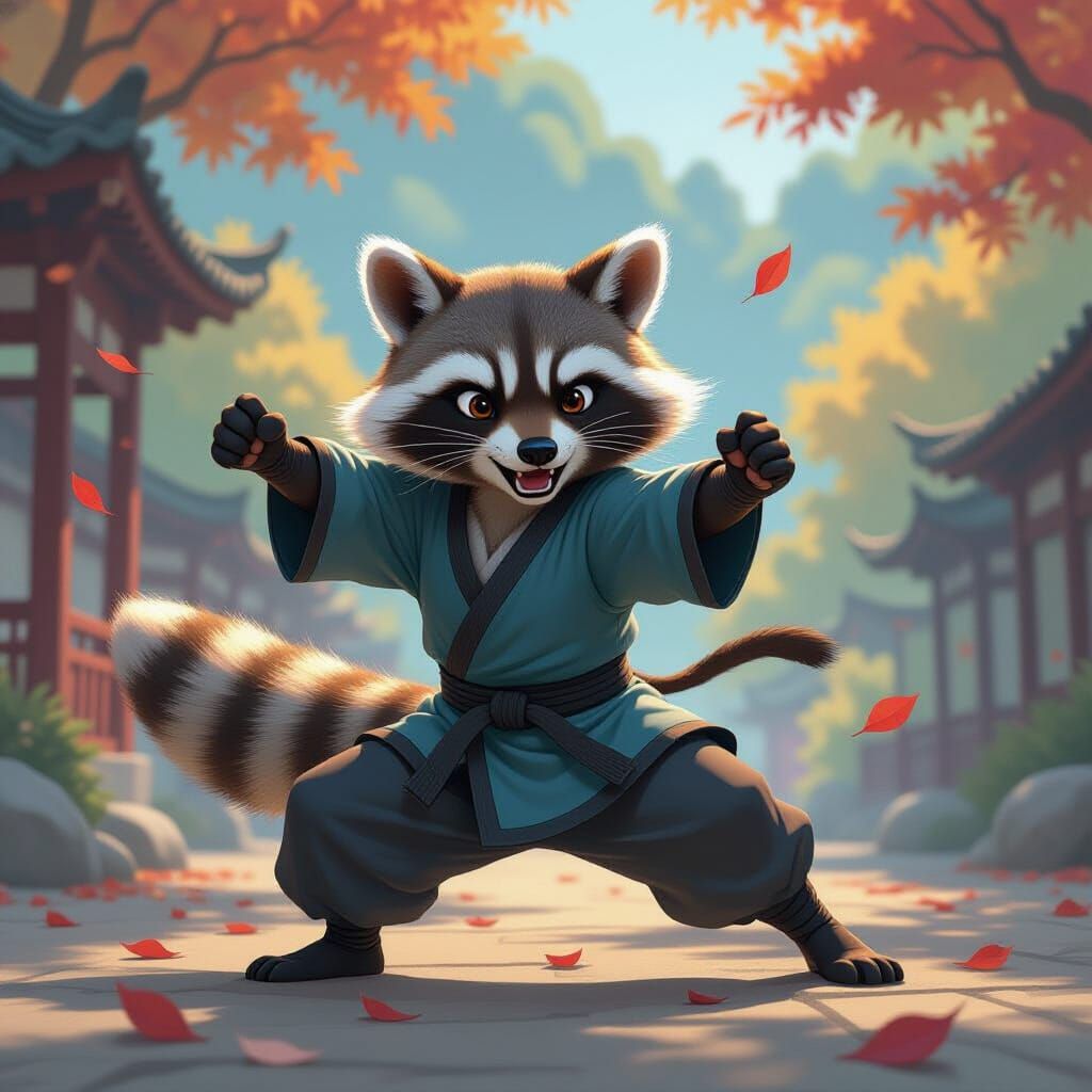 Raccoon Kung Fu Master in Vibrant Anime Style