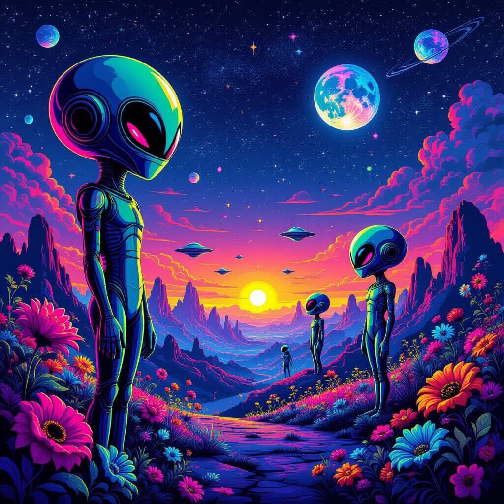 Ethereal Aliens in Psychedelic Synthwave Realm
