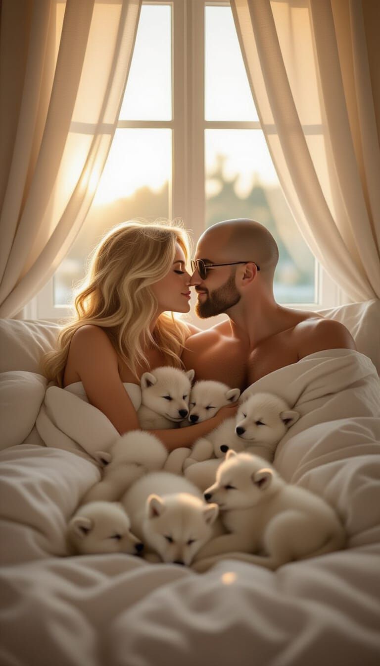 Intimate Morning Kiss in Softly Lit Bedroom