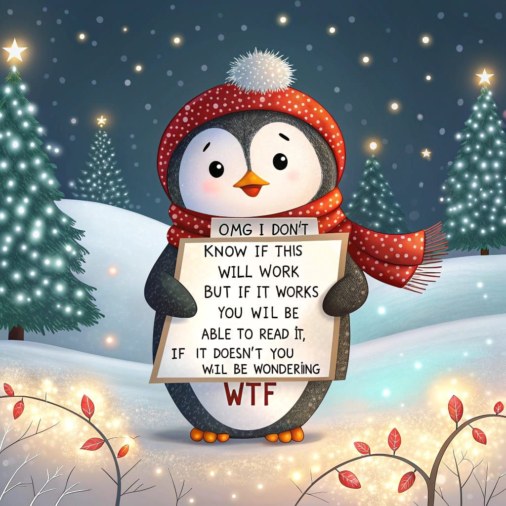 Cute Penguin Christmas Card with Bioluminescent Text