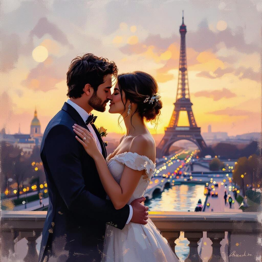 Romantic Parisian Kiss at Sunrise Oil Painting