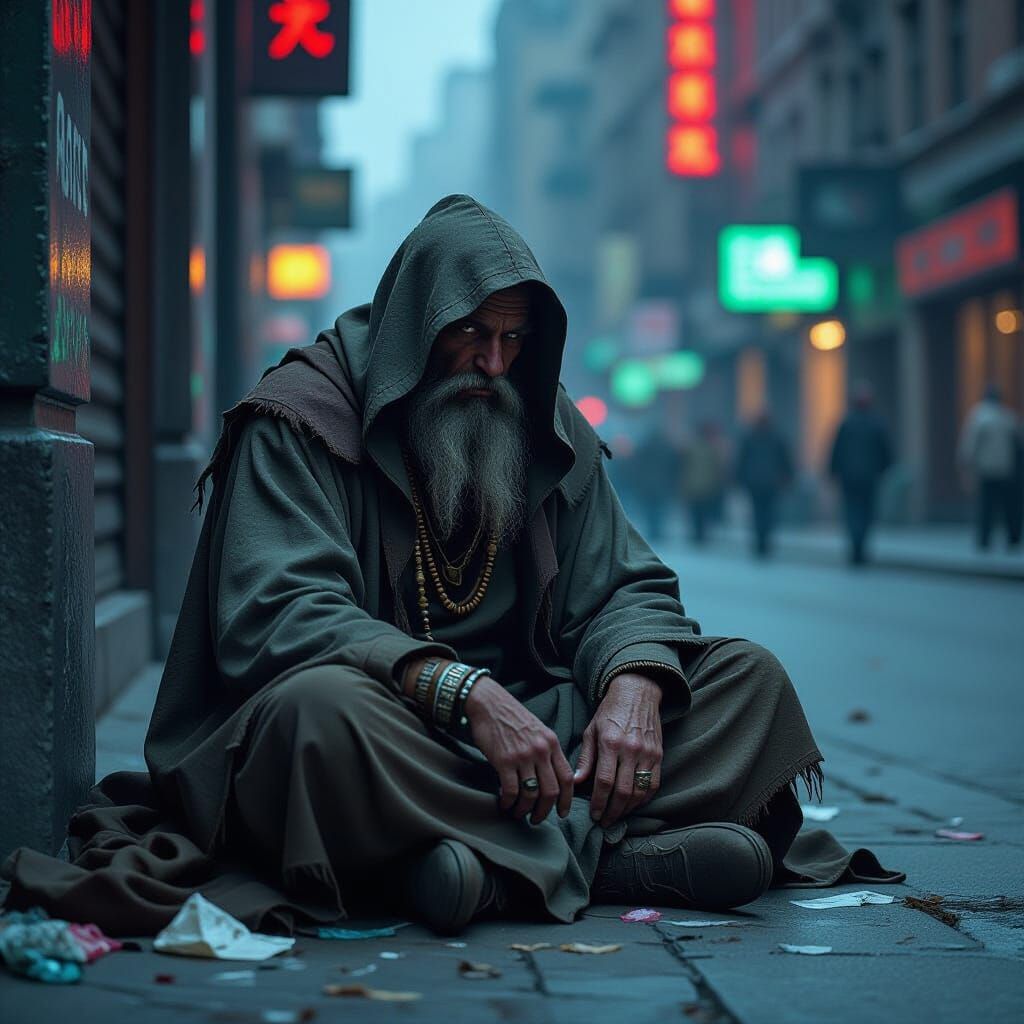 Mystical Homeless Shaman in Dark Fantasy Style