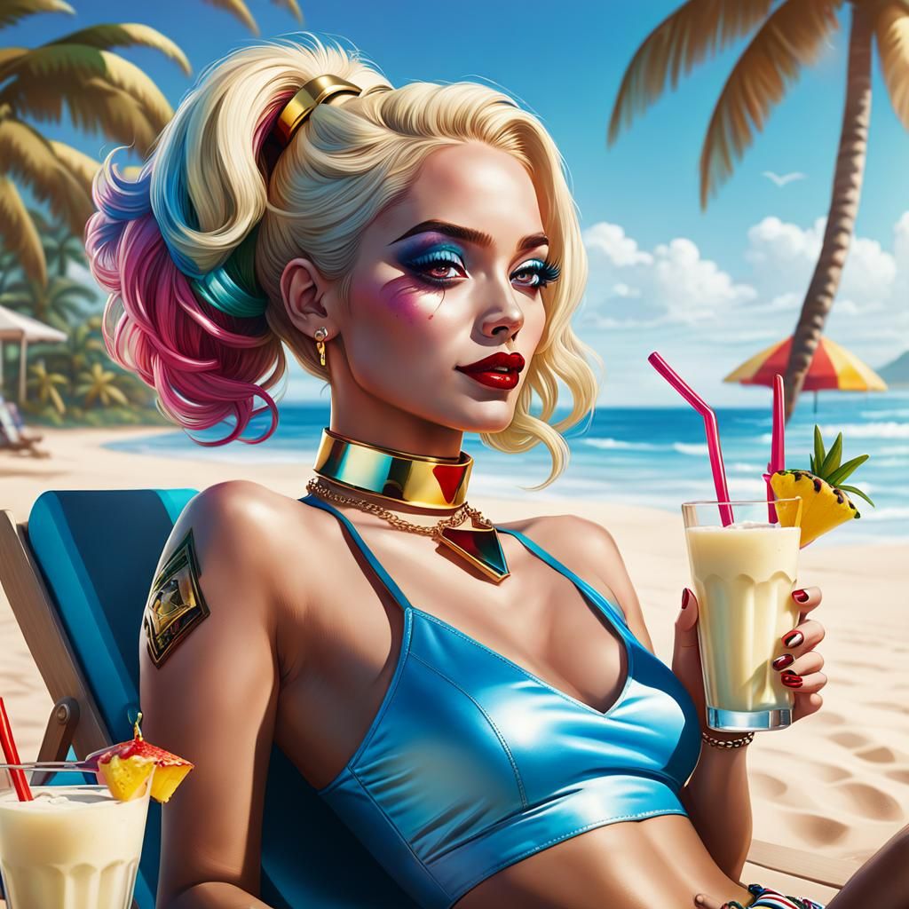 Harley Quinn on holiday drinking a pina colada