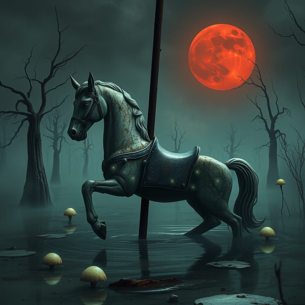 Decaying Carousel Horse in Swamp Under Blood Moon