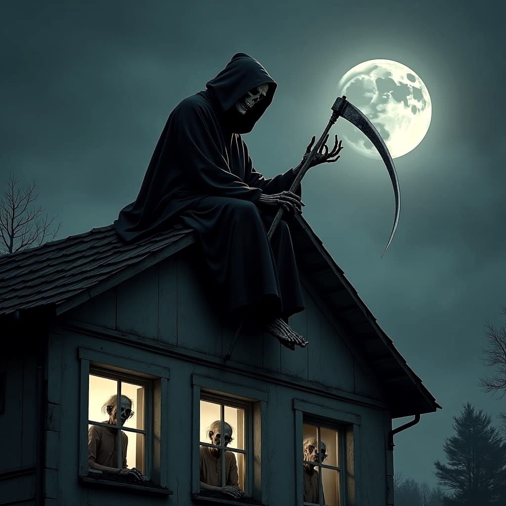 Grim Reaper on Retirement Home Roof in Gothic Style