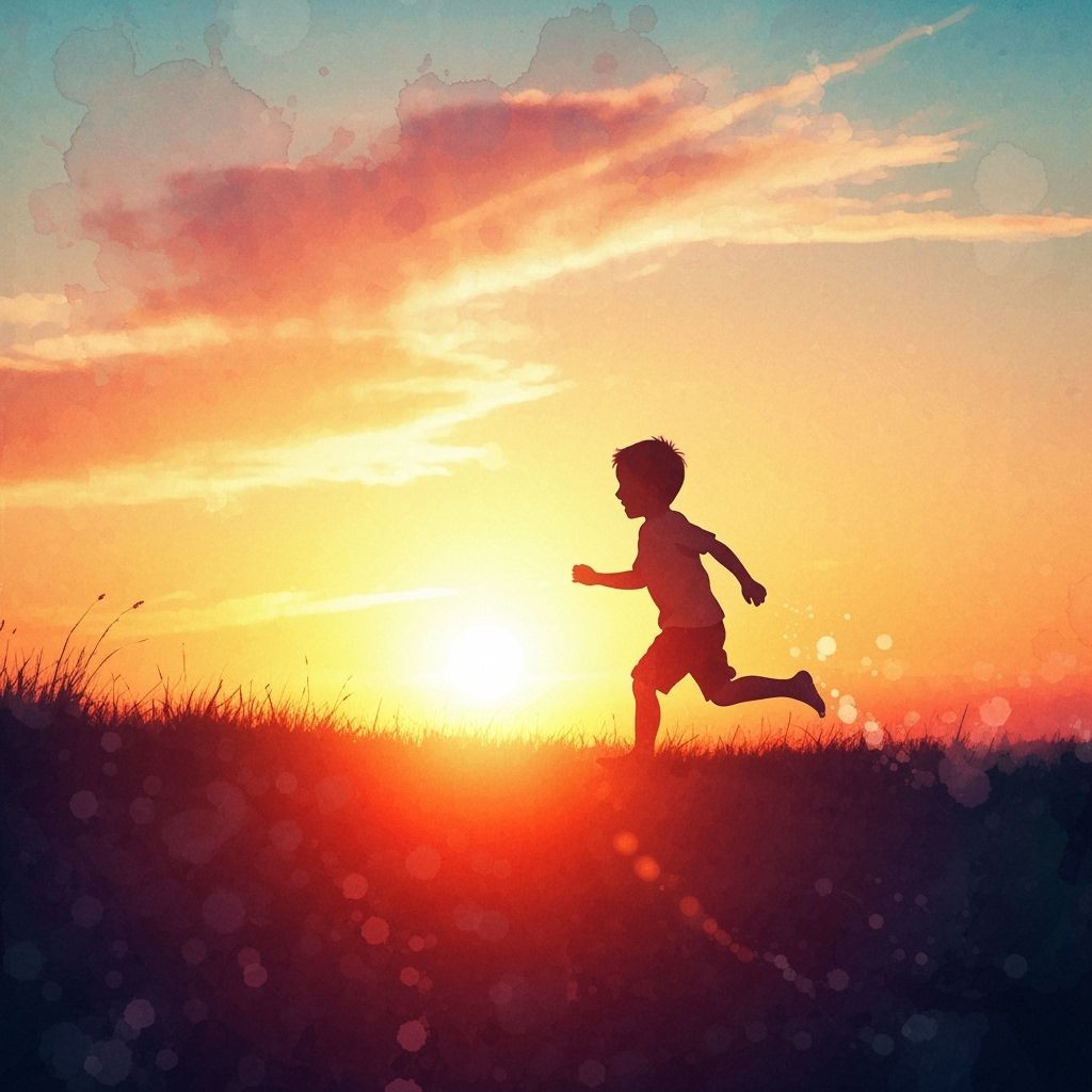Joyful Boy Running Towards Sunset in Watercolor Style