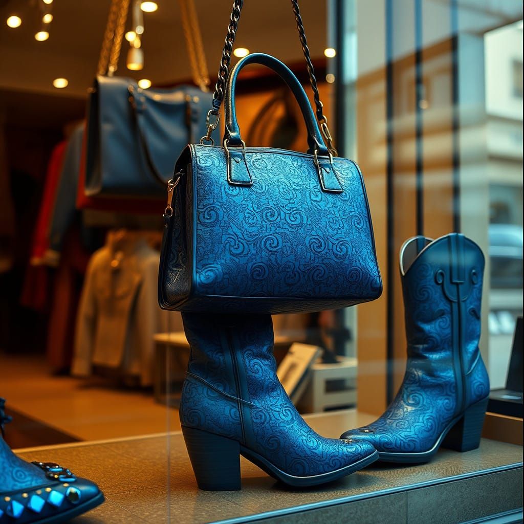 Luxurious Blue Brocade Purse and Boots in Cinematic Display