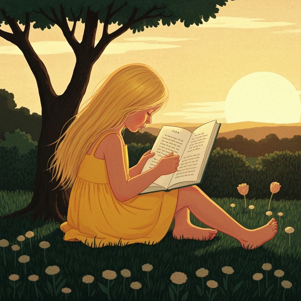 Child Reading Under Willow Tree: Graphic Illustration