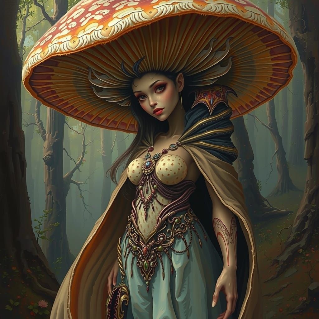Mushroom Woman in Lush Forest: Oil Painting