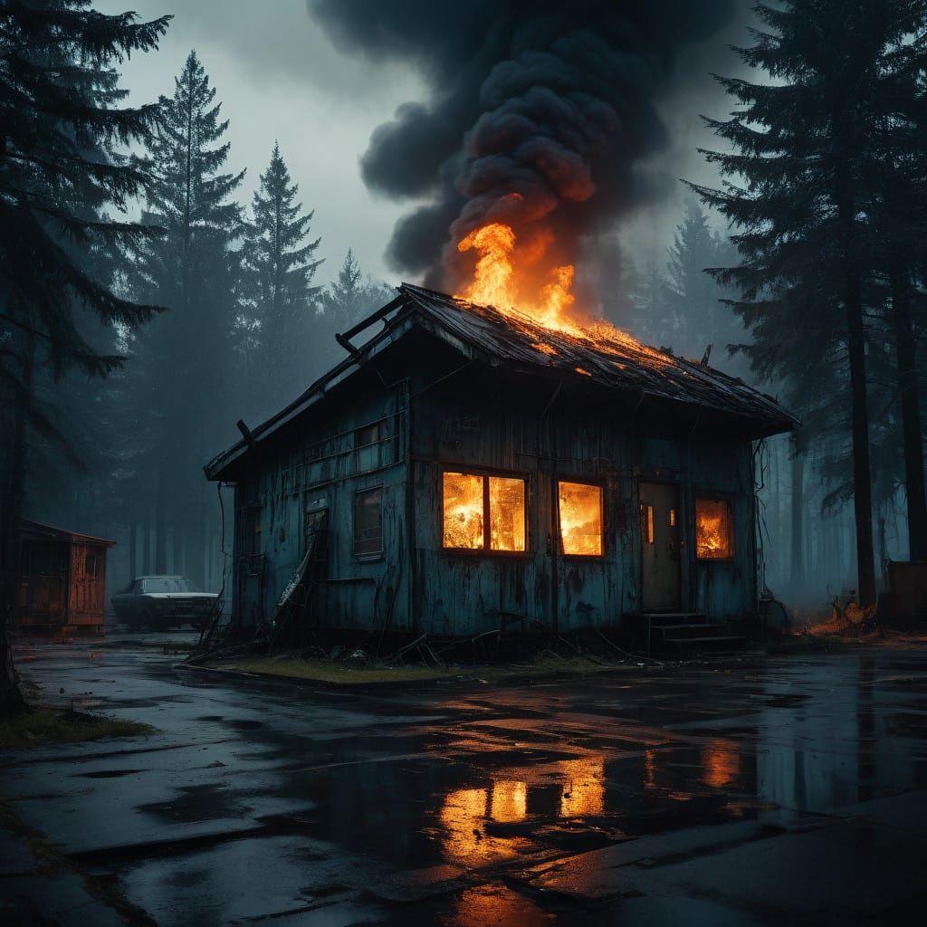Gritty Cyberpunk Cabin Inferno