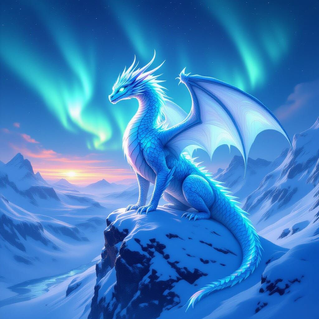 Majestic Ice Dragon on Snowy Mountain Peak
