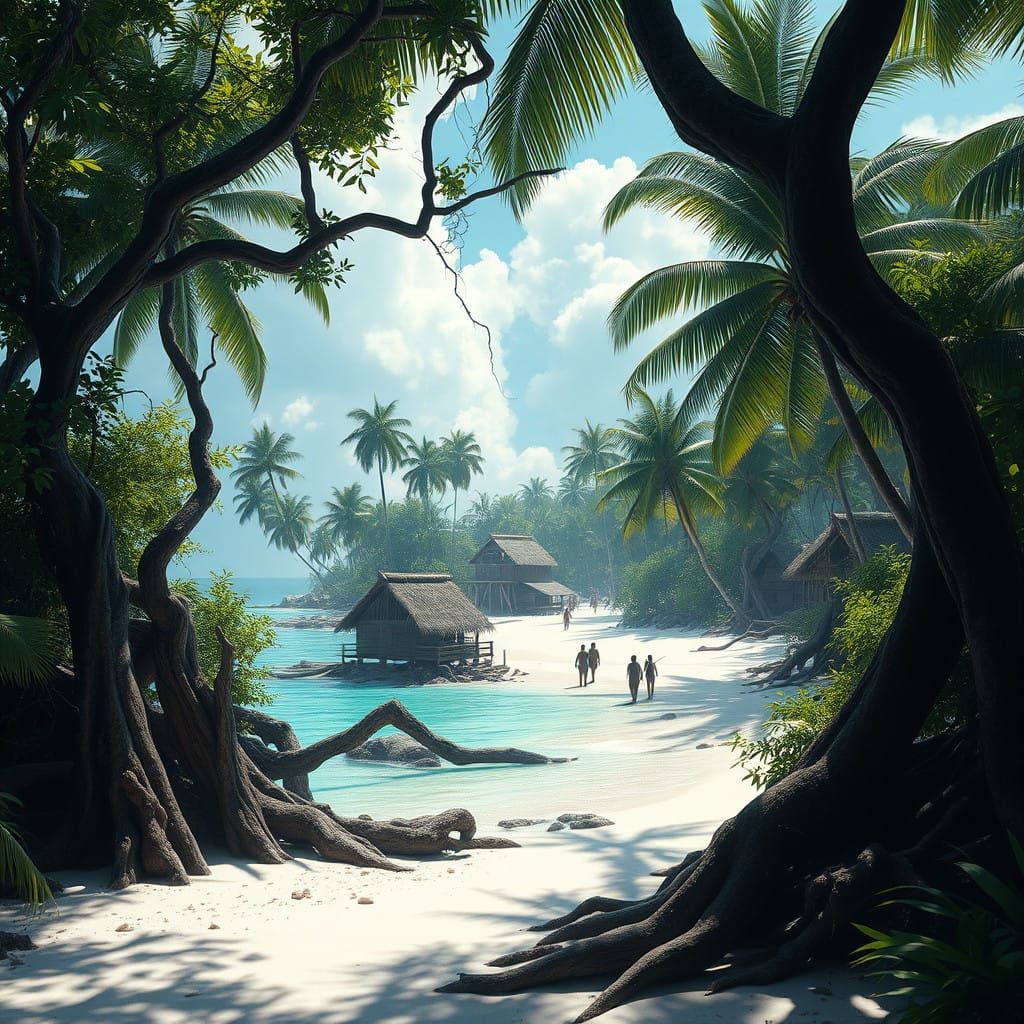 Island Paradise with Mysterious Aborigines in Vibrant Turquo...