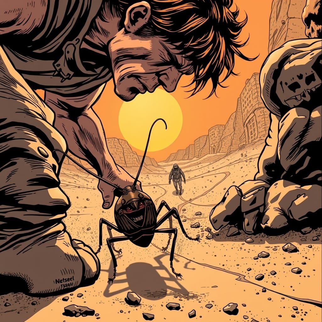 Man Races Cockroach in Gritty Desert Comic Style