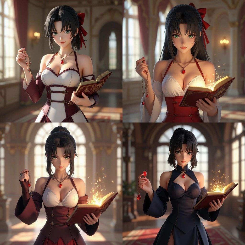 Rin Tohsaka with Red Gem and Grimoire in Elegant Room