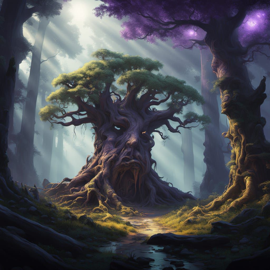 Ancient Tree Face in Hyperdetailed Fantasy Landscape