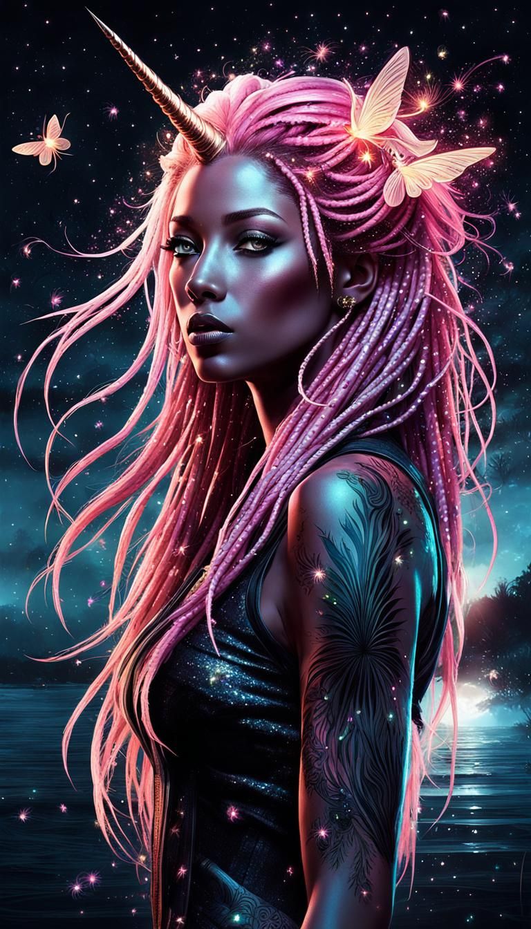 Unicorn Girl with Fireflies: A Dreamlike Astral Scene