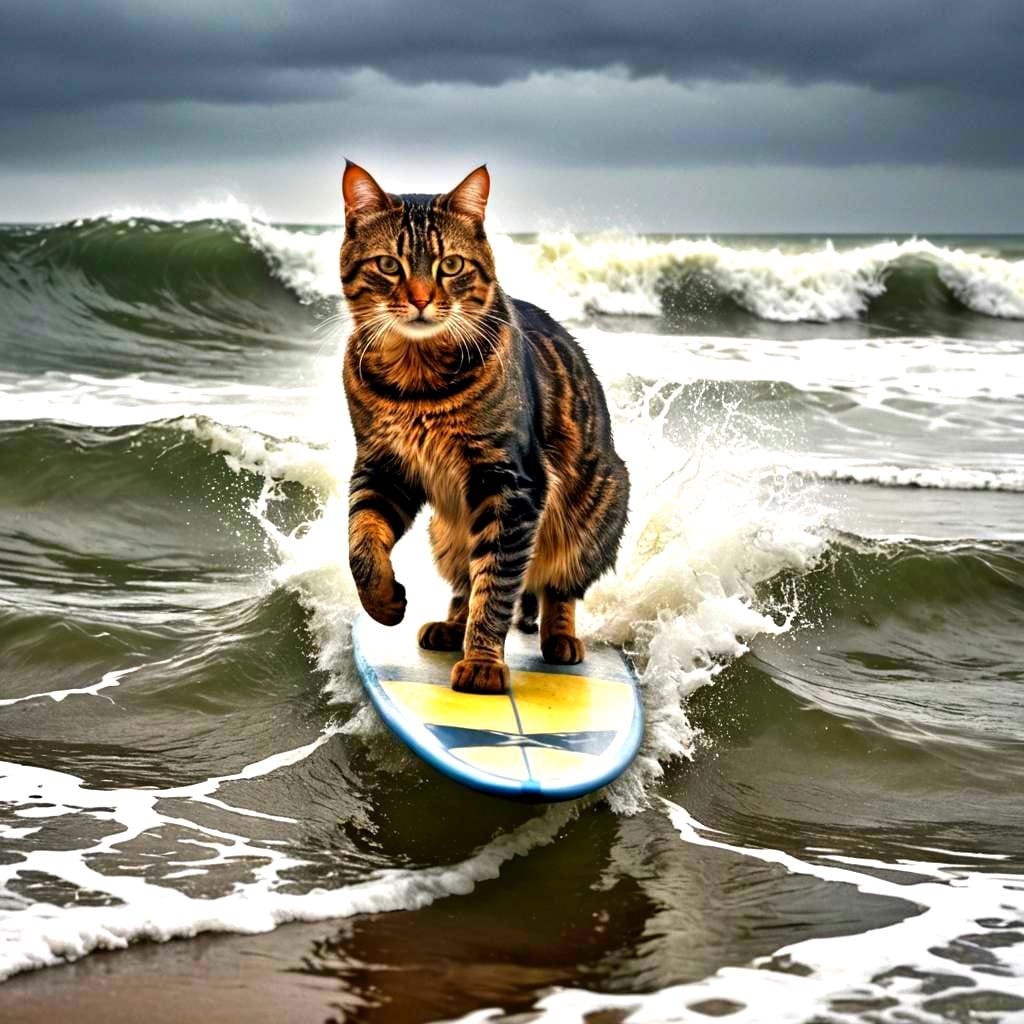 Hyperrealistic Cat Surfer in Cinematic Style