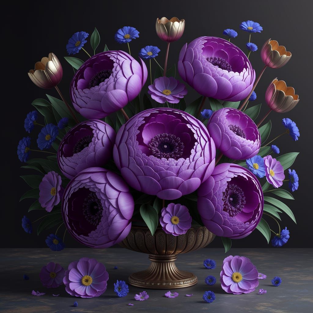 Vibrant Floral Masterpiece in Rose Gold and Purple