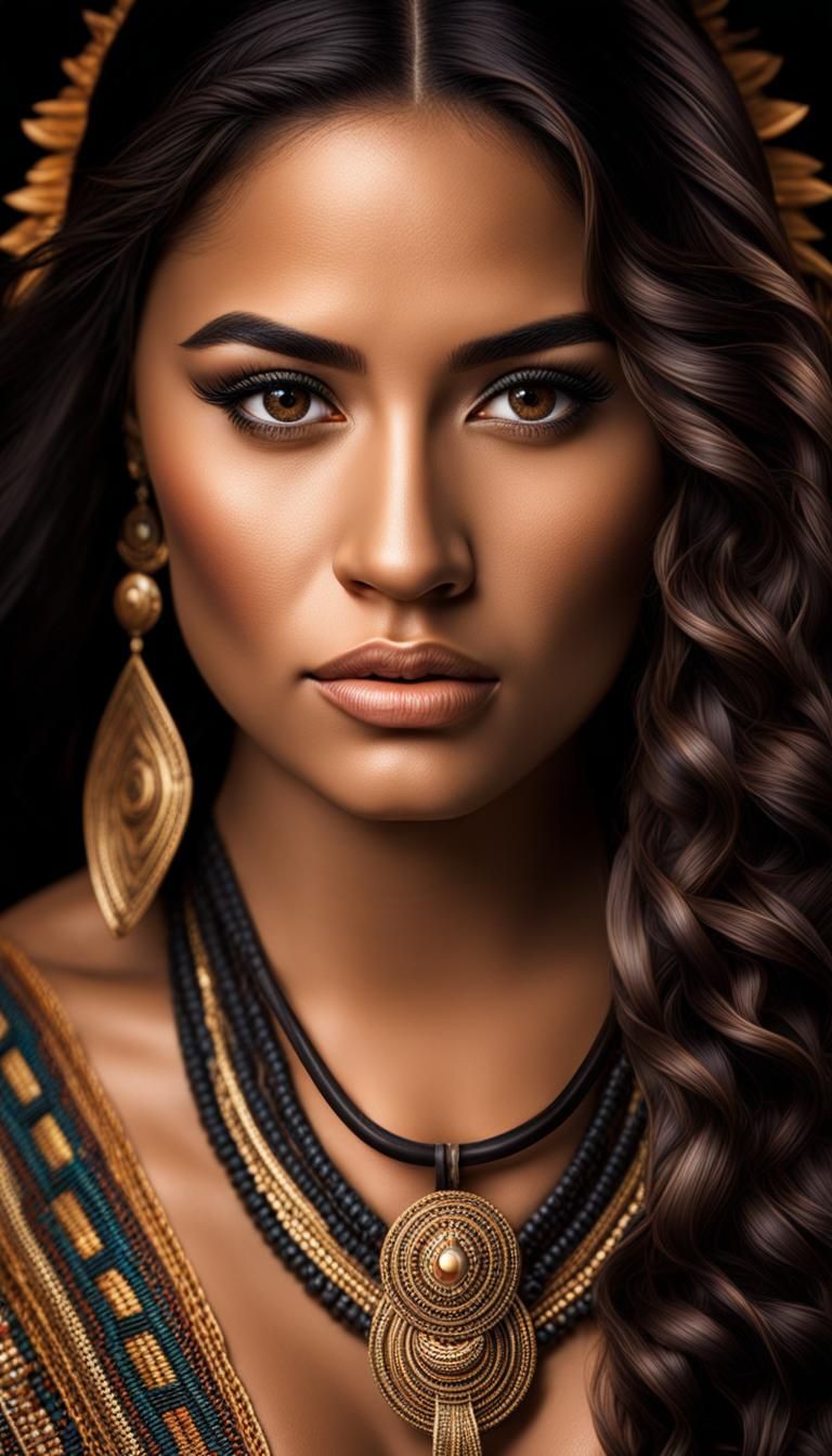 Polynesian woman, long wavy hair, brown eyes