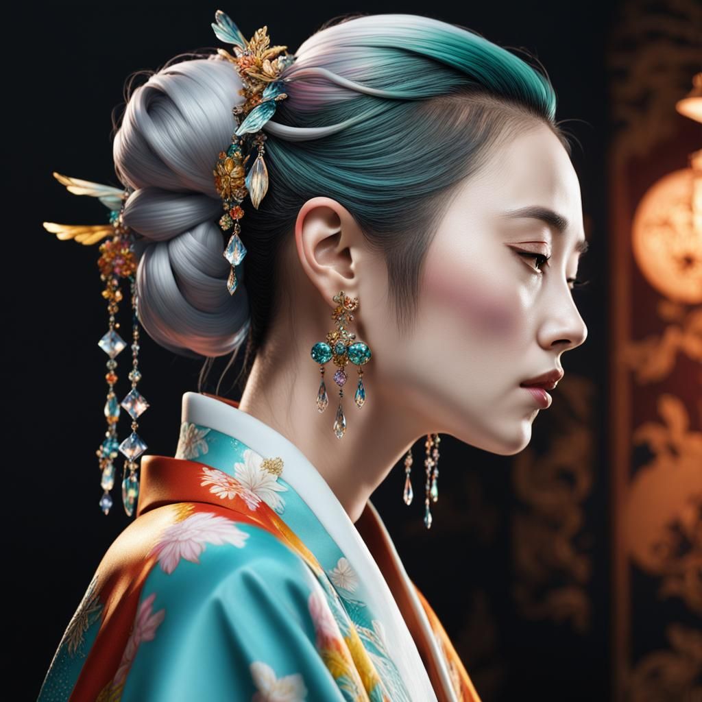 Japanese Girl with Fairy in Hyperrealistic Splash Art