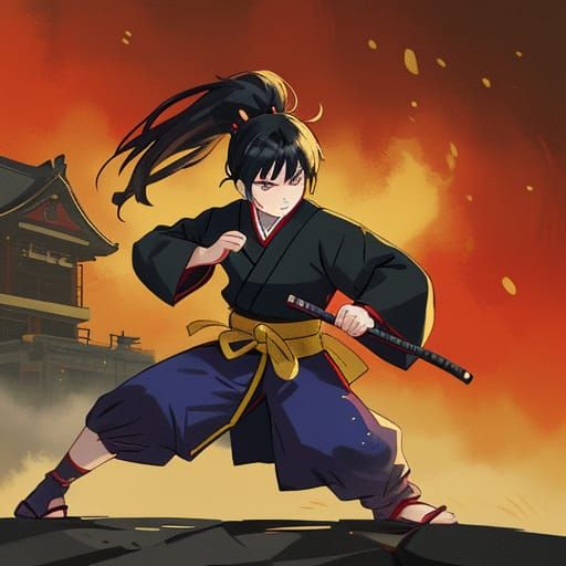 Anime Samurai Knee Strike in Impressionist Style