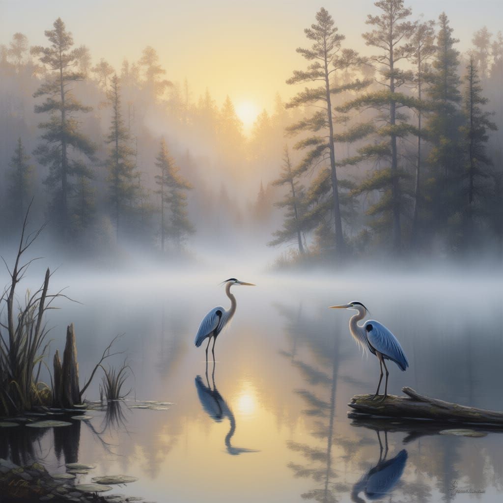 Misty Sunrise Over Lake with Blue Heron, Oil Painting