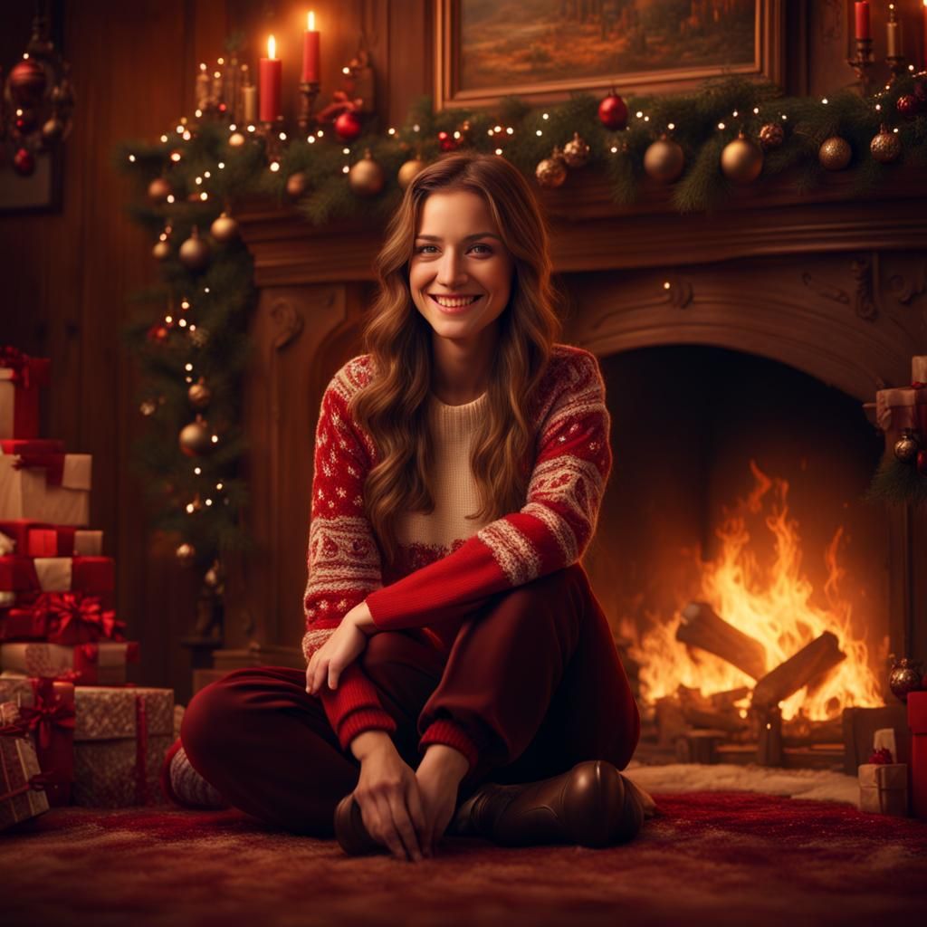 Smiling Santa's Helper by Fireplace: Digital Painting