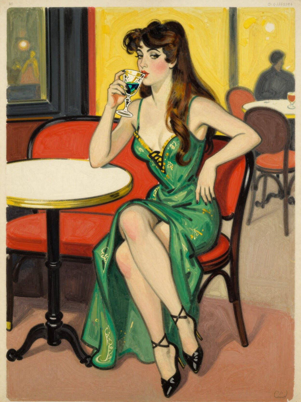 Parisian Cabaret Dancer Sips Absinthe in Lautrec Style