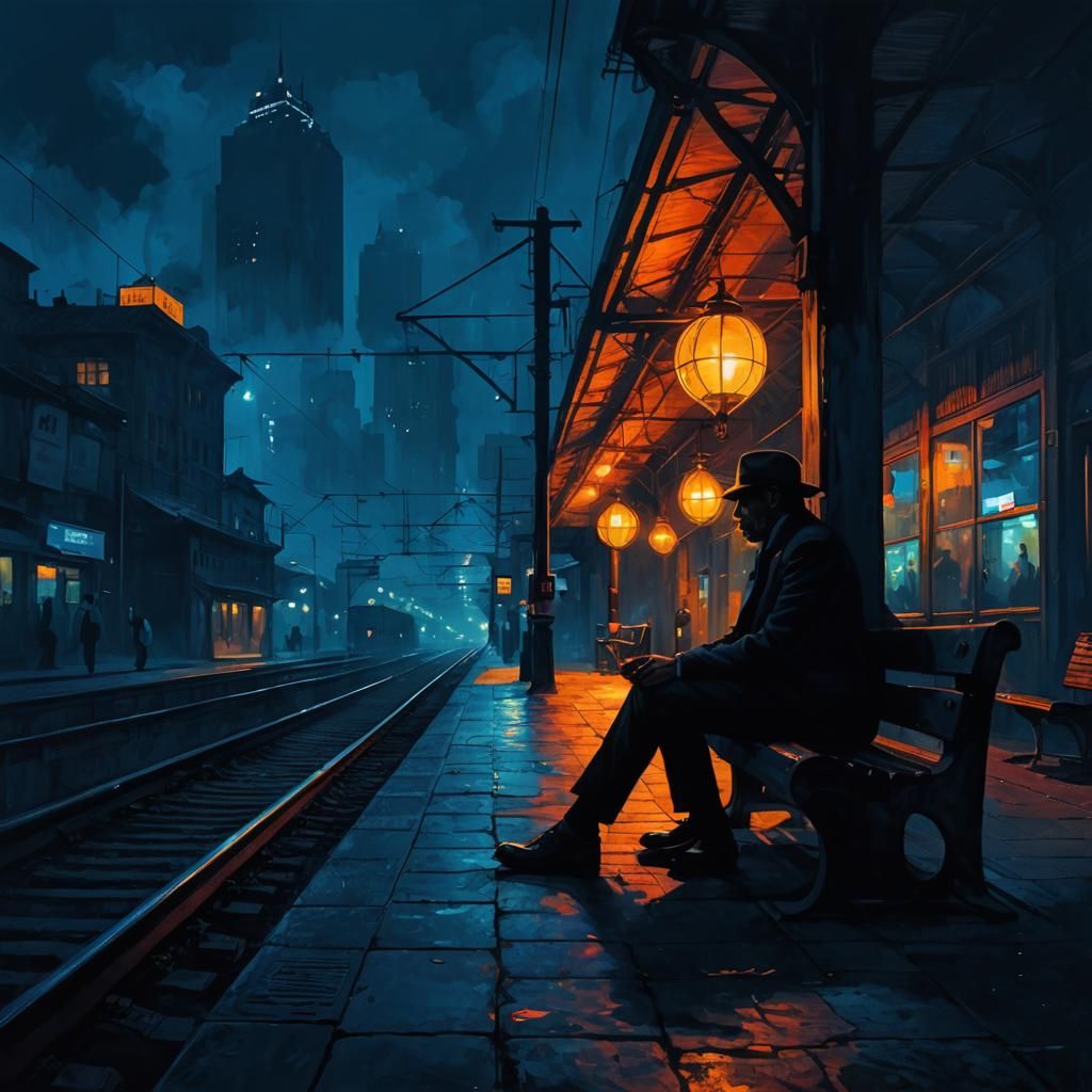 Railway Station at Night: Surreal Silhouette Art