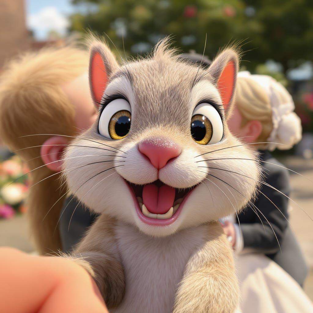 Squirrel Photobombs Wedding Kiss in Cartoon 3D Render