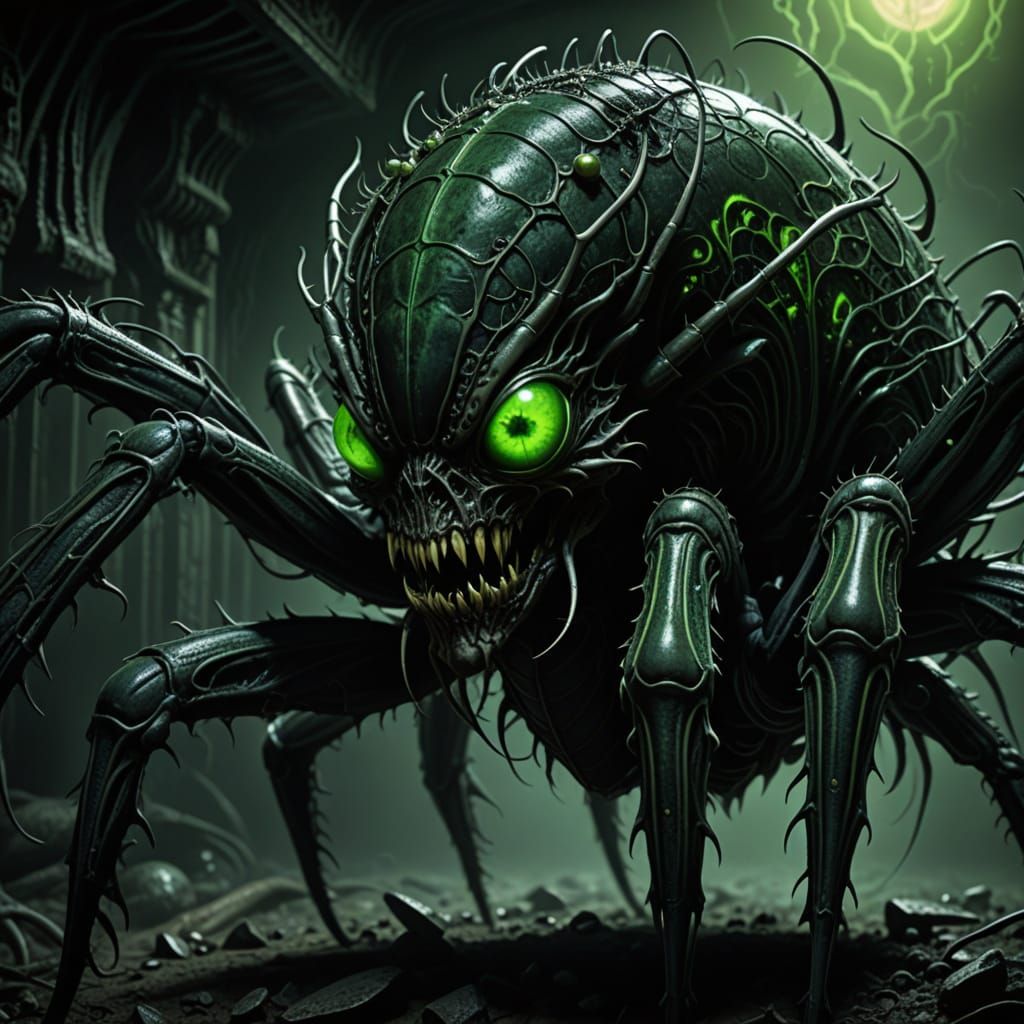 Biomechanical Horror Spider Queen Lays Eggs in a Twisted, Gl...