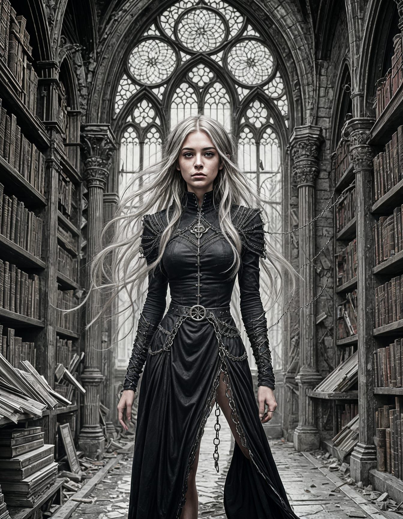 Ink drawing — a fragile elven girl tramping through a shatte...