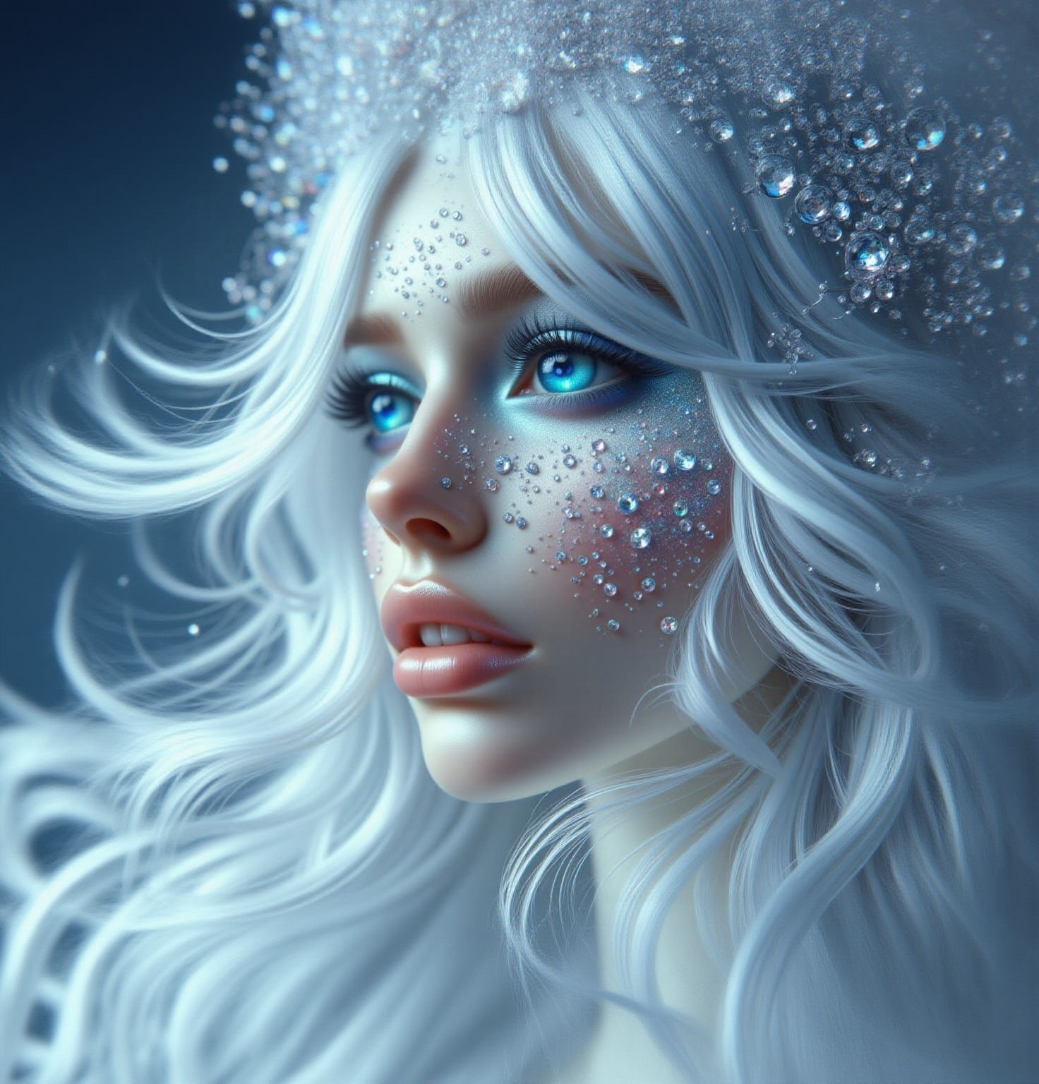 Ethereal Albino Woman with Luminous Skin and Blue Eyeshadow