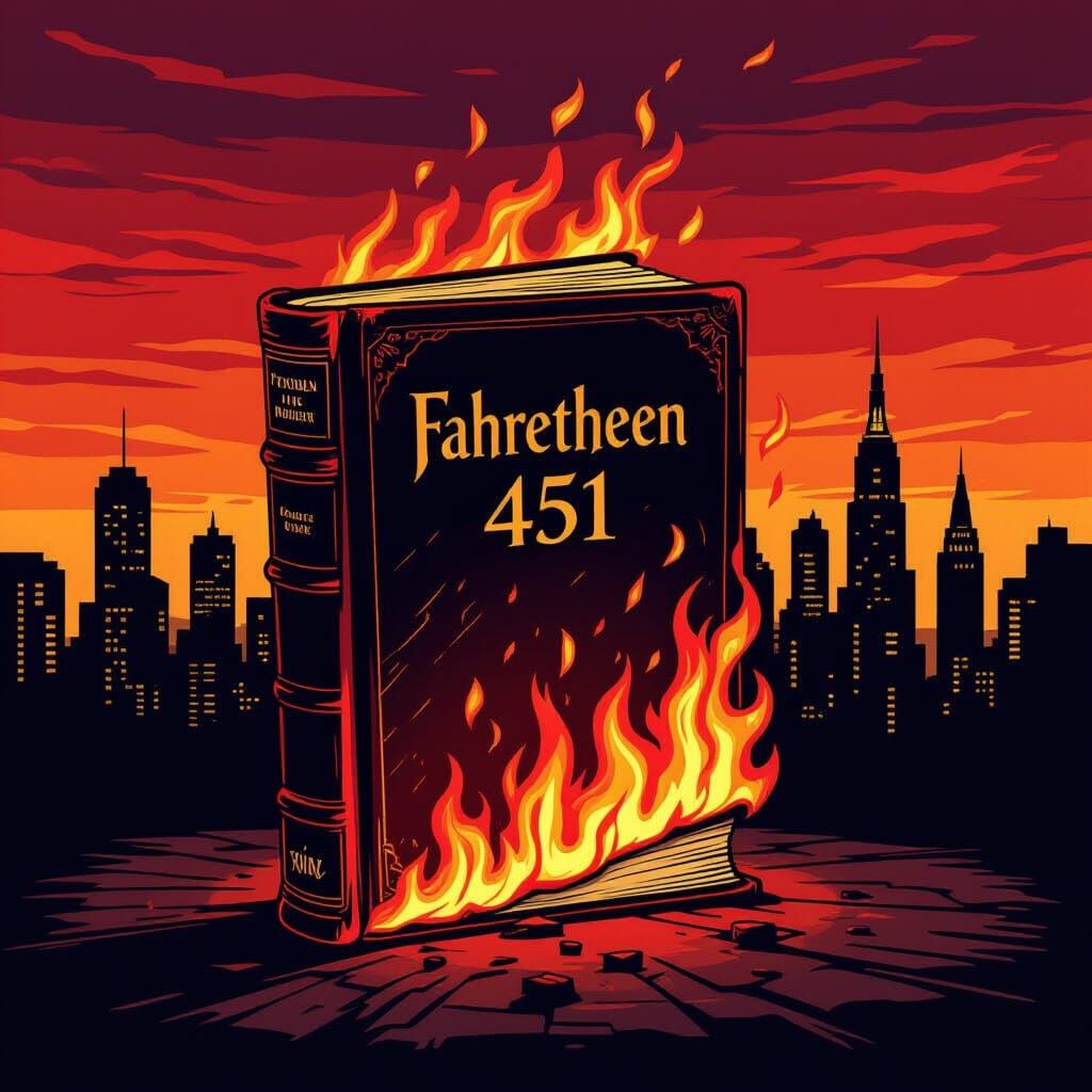 Burning Book "Fahrenheit 451" in Dystopian City