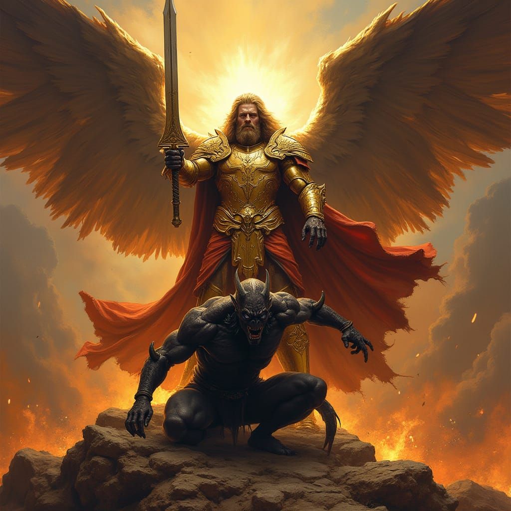 Victorious God in Golden Armor with Fiery Sword