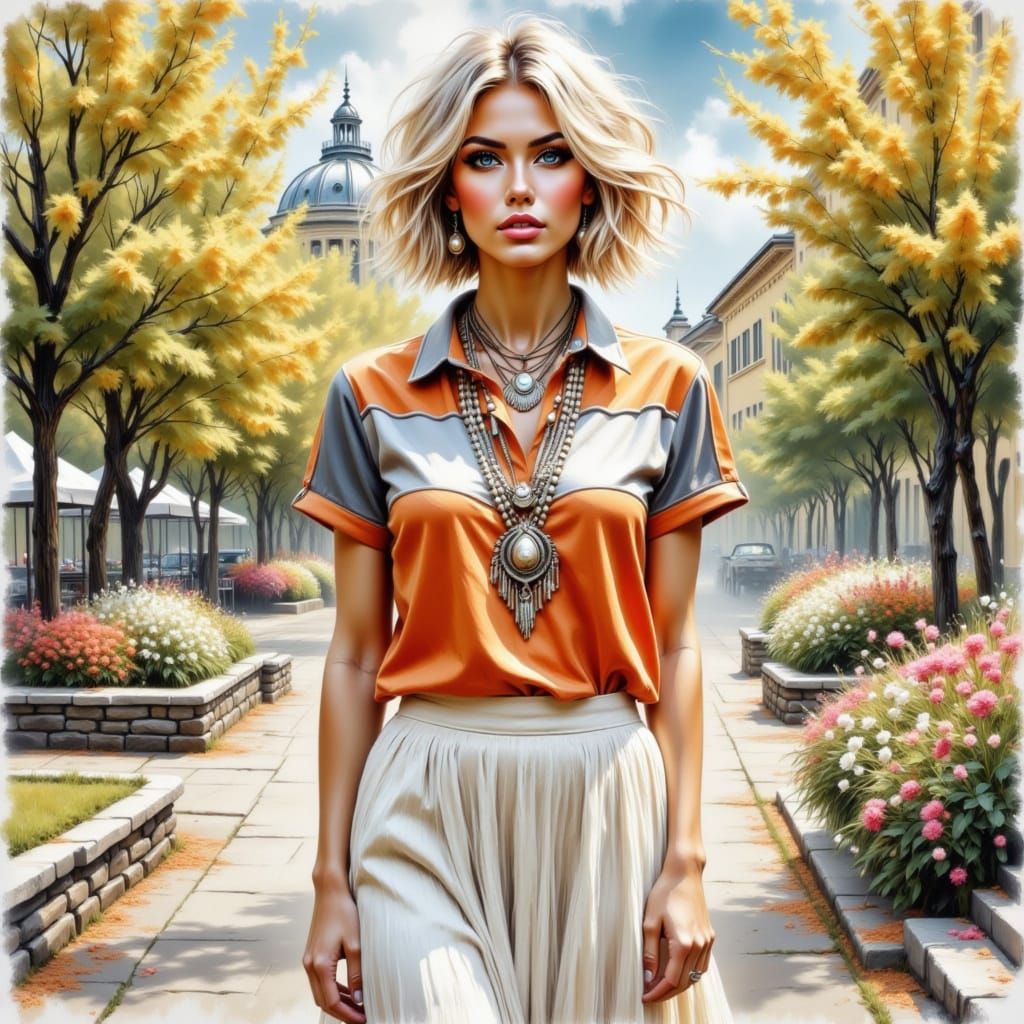Stylish Blonde Woman in Sunny Park: Watercolor Acrylic