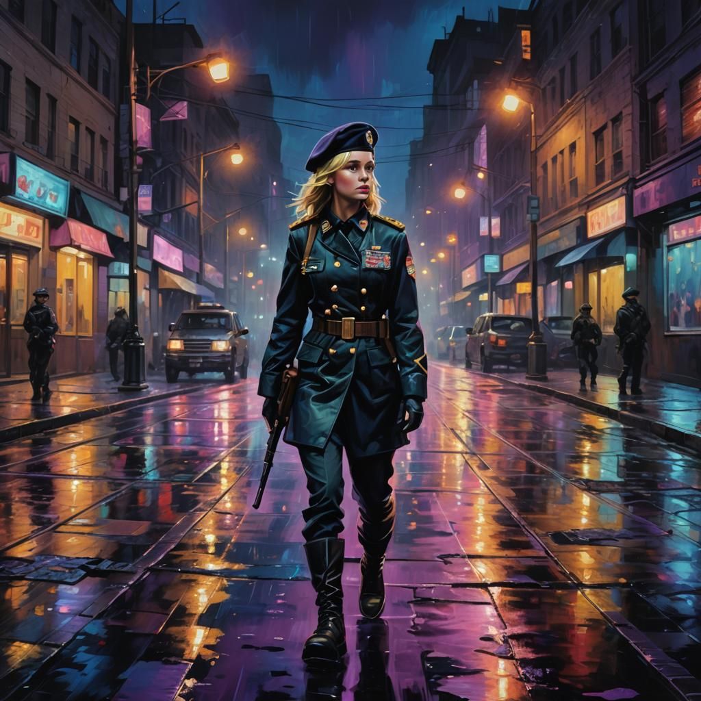 Dark Fantasy Woman in Neon Lit Cityscape