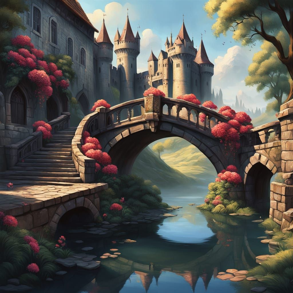 Vibrant Medieval Fantasy Bridge with Carnations and Castle A...