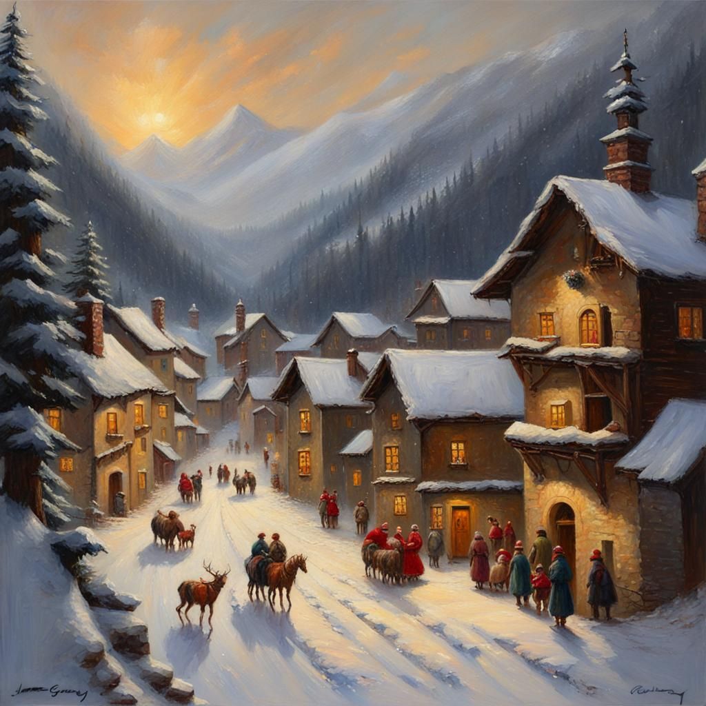 Christmas Village Oil Painting by James Gurney