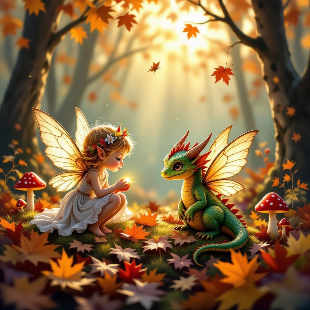 Whimsical Fairies and Baby Dragons in Autumnal Miniature Sce...