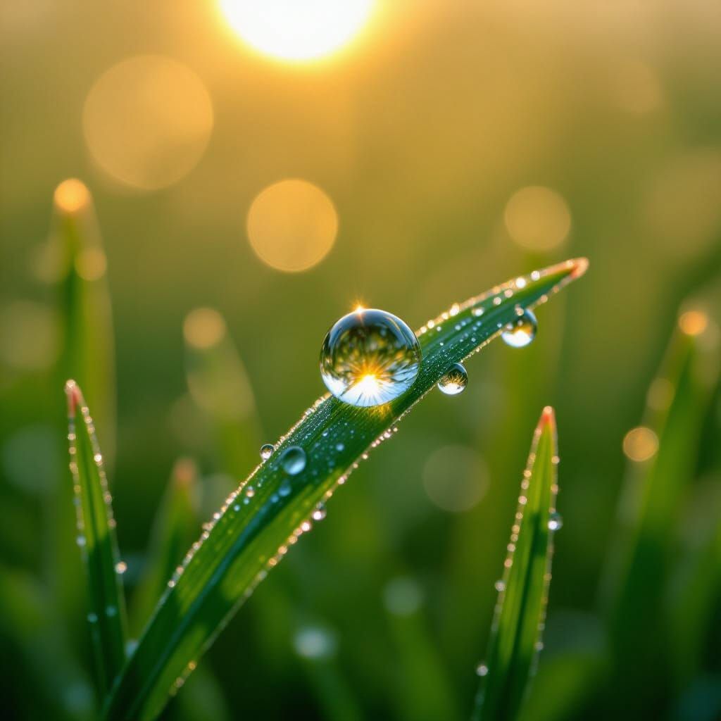 Macro Photo of Dewdrop on Grass at Golden Hour