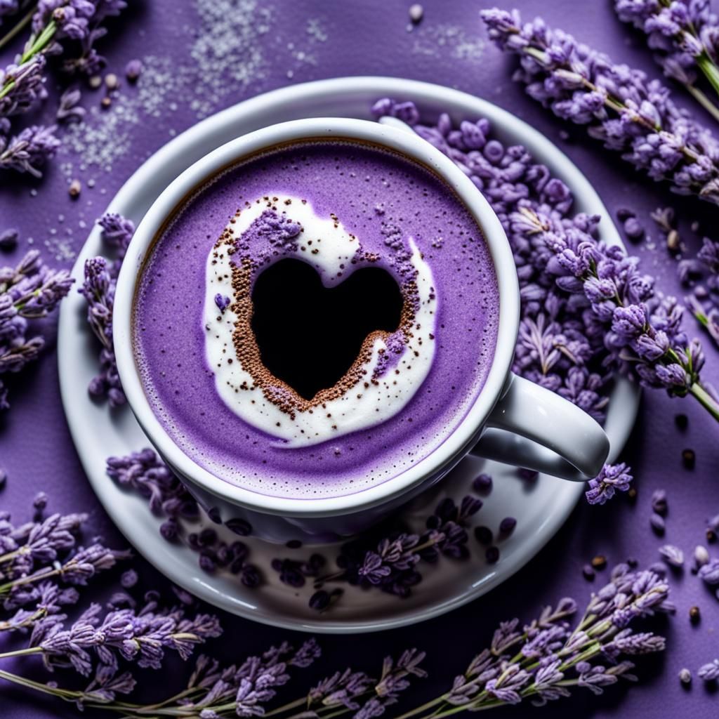 purple latte art - a steaming cup of coffee with frothy lave...