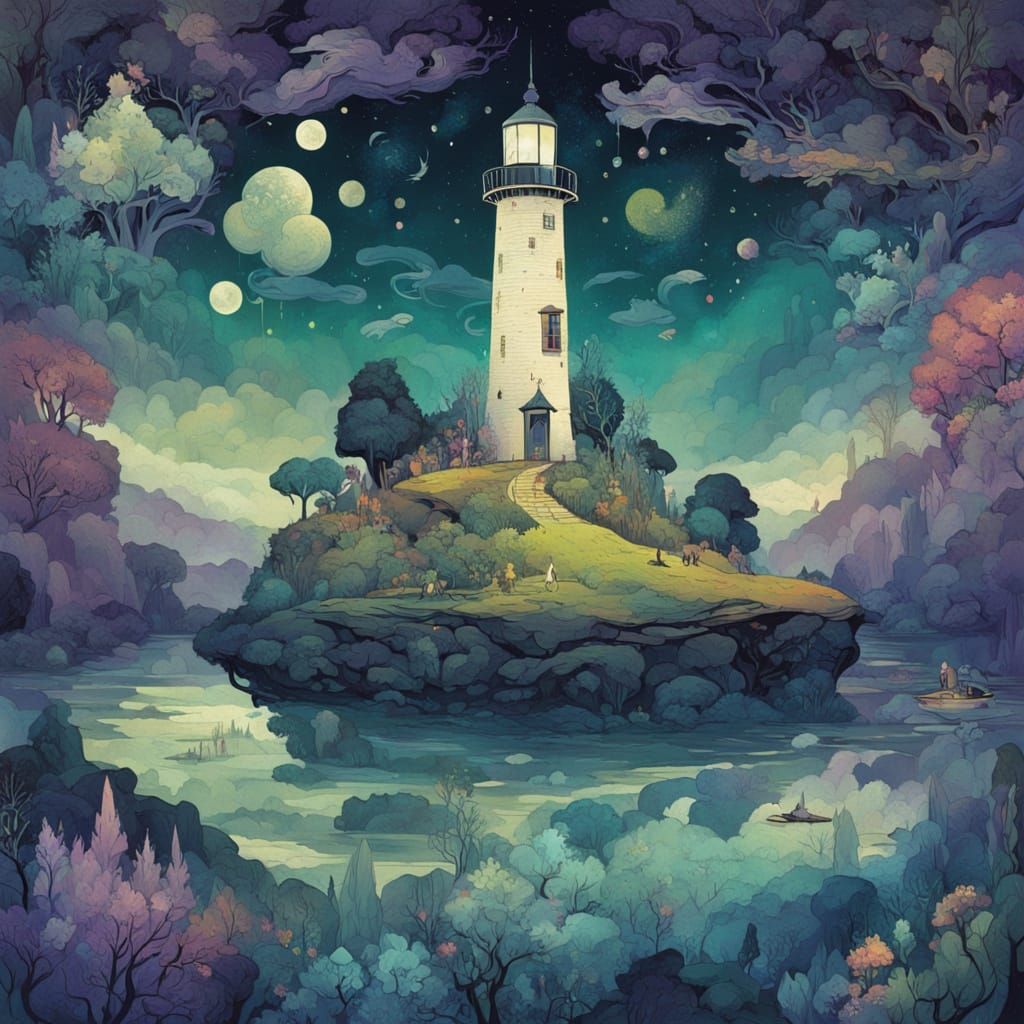 Celestial Lighthouse Guiding Souls in Surreal Sky
