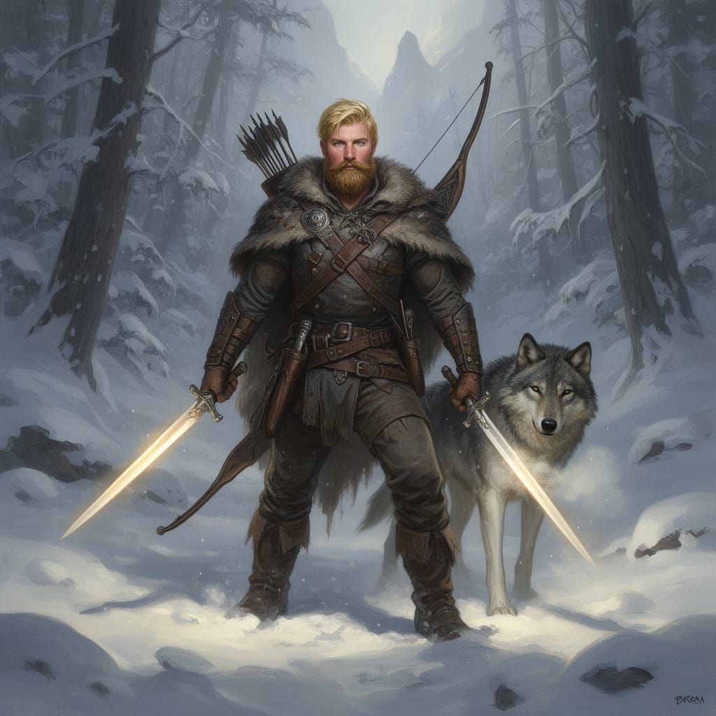 Epic Fantasy Ranger with Twin Swords in Snowy Forest