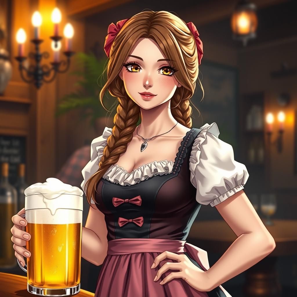 German Barmaid with Beer in Anime Style