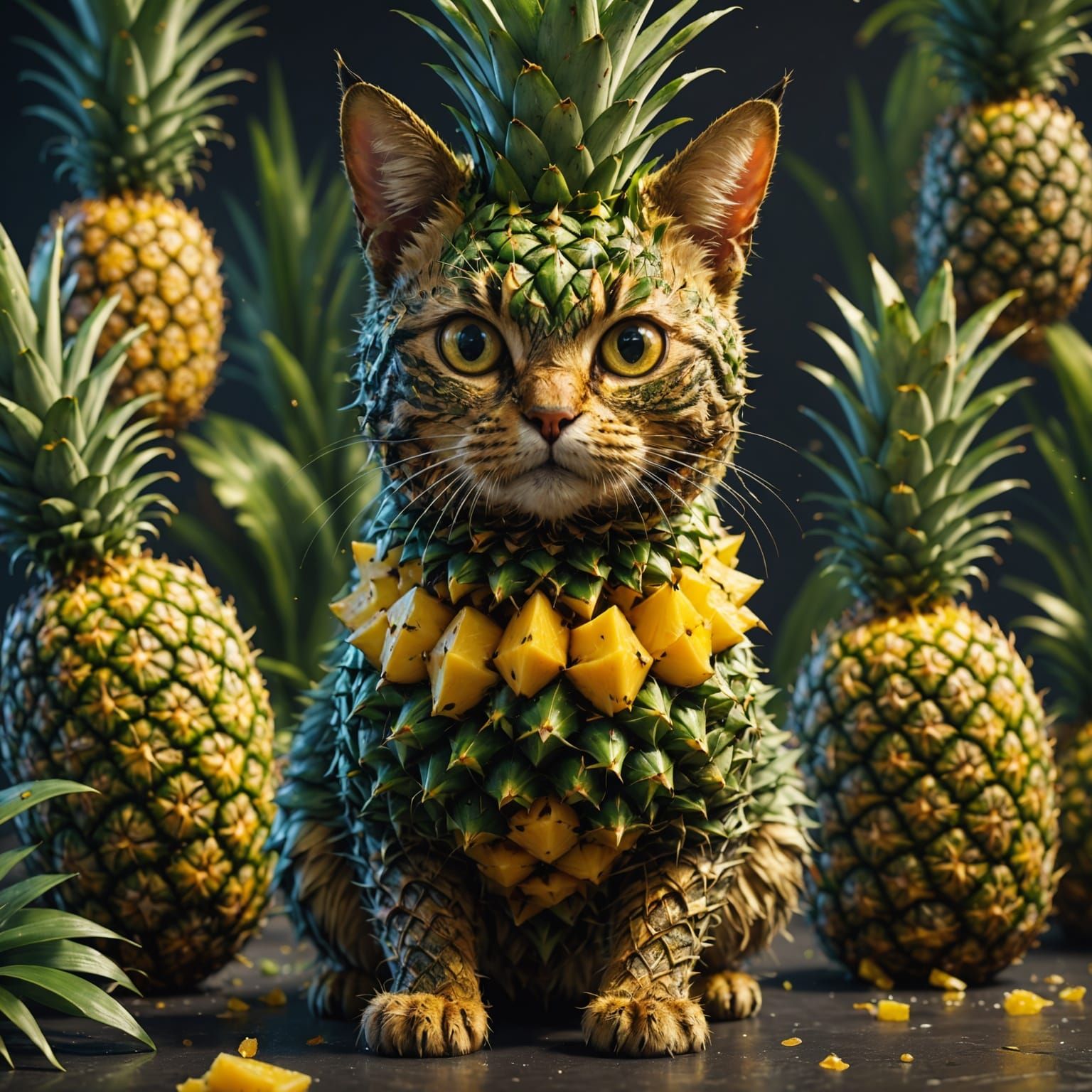 Surreal Pineapple Cat with Tropical Fruits