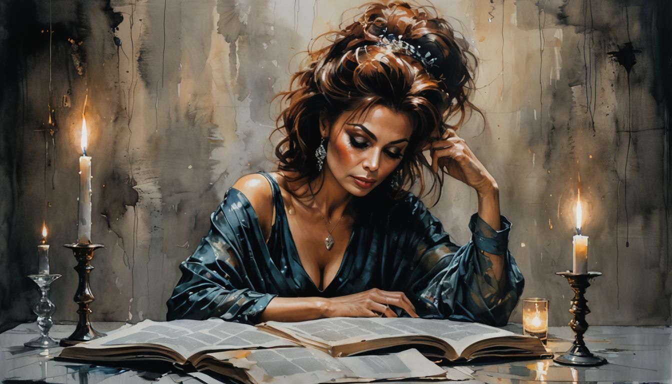 Sophia Loren Reading, Surreal Alcohol Ink Art